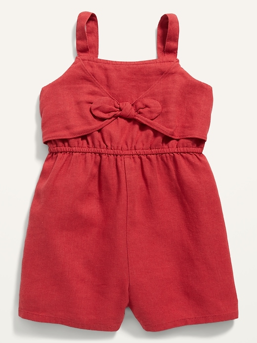 View large product image 1 of 2. Sleeveless Linen-Blend Bow-Tie Front Romper for Toddler Girls