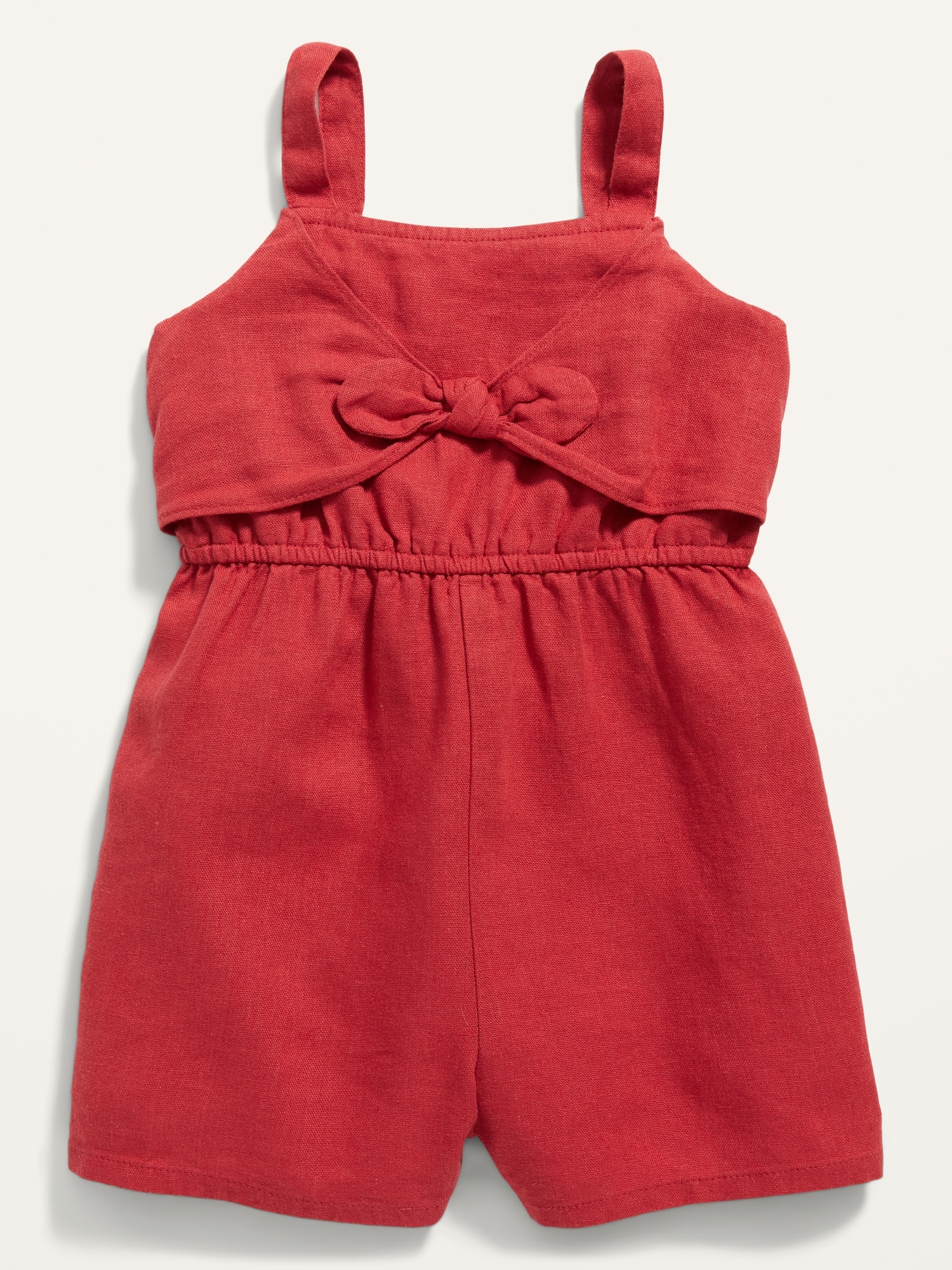 Old Navy Sleeveless Linen-Blend Bow-Tie Front Romper for Toddler Girls red. 1