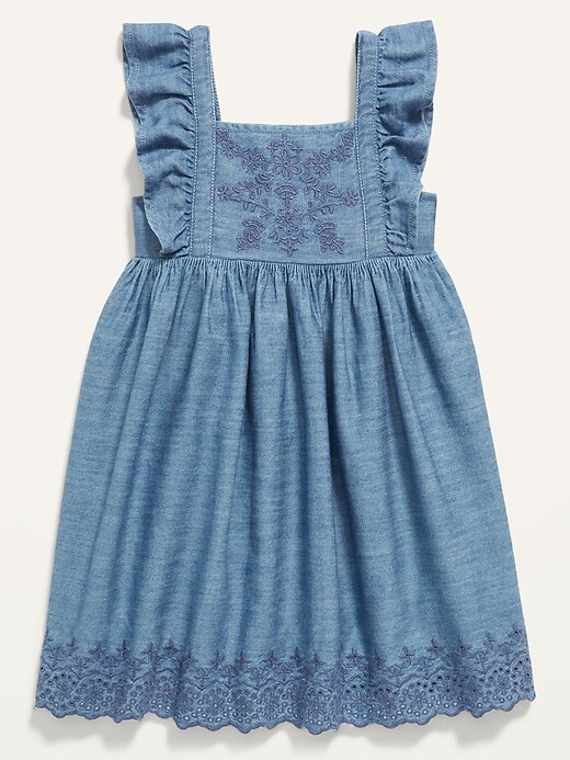 View large product image 1 of 3. Matching Chambray Embroidered Ruffle-Trim Swing Dress for Toddler Girls