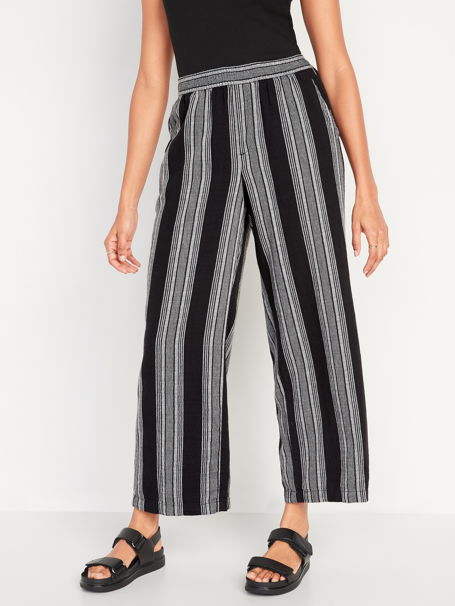 High-Waisted Striped Linen-Blend Wide-Leg Pants