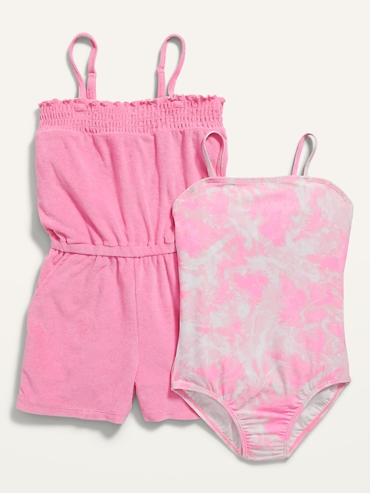 Swim Cover-Up Romper & Bandeau One-Piece Swimsuit Set for Girls