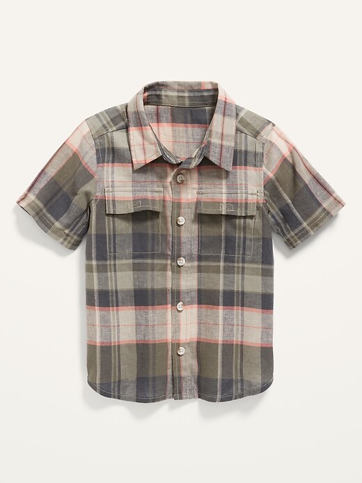 View large product image 1 of 2. Workwear-Pocket Linen-Blend Matching Plaid Shirt for Toddler Boys