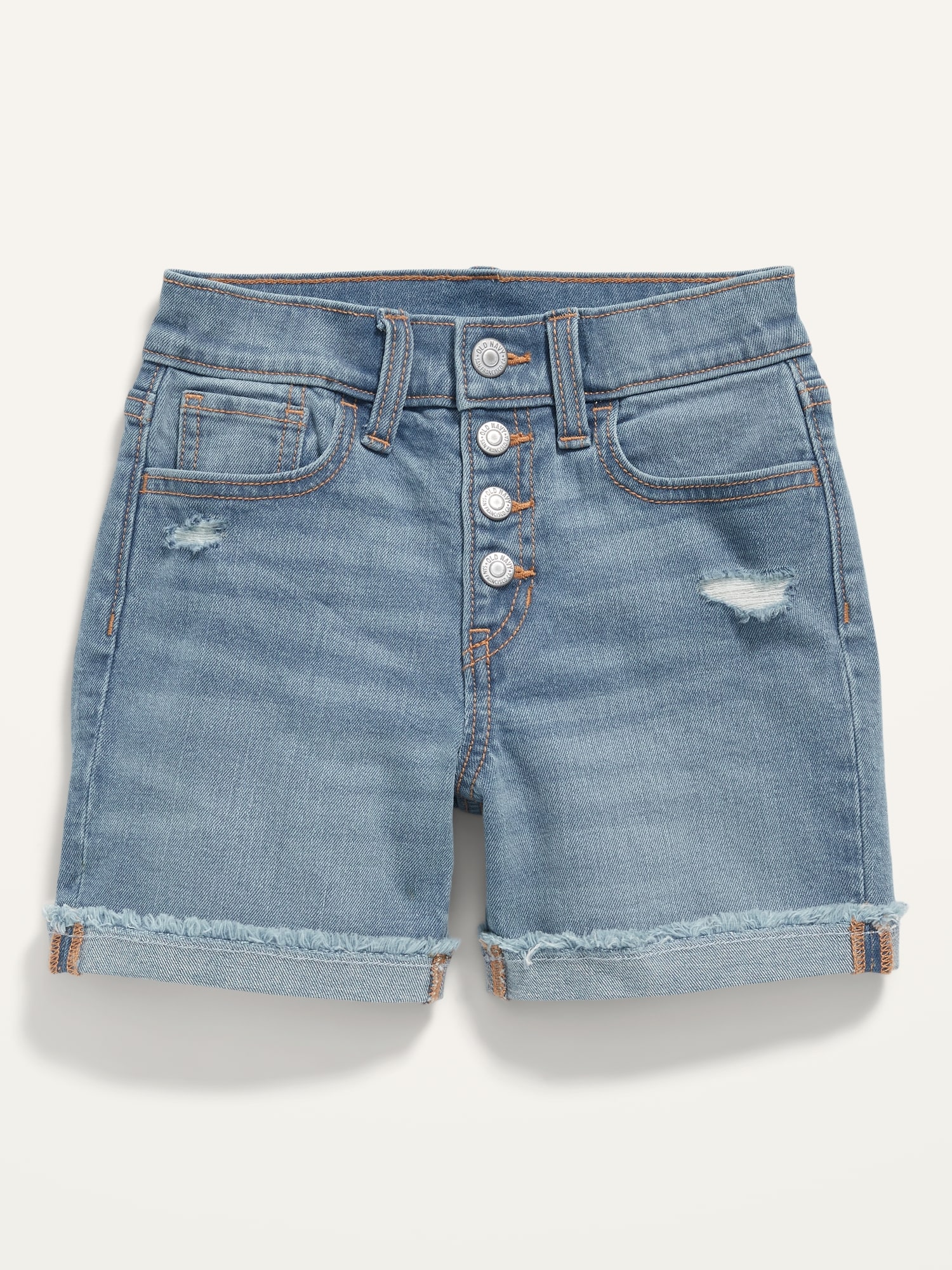 High-Waisted Button-Fly Rolled Frayed-Hem Jean Midi Shorts for Girls ...