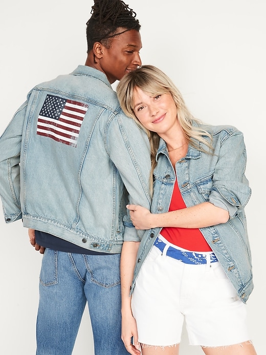 Image number 1 showing, U.S. Flag Graphic Gender-Neutral Jean Jacket for Adults