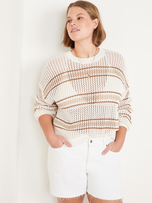 Old Navy Long-Sleeve Striped Cropped Crochet Sweater for Women. 1