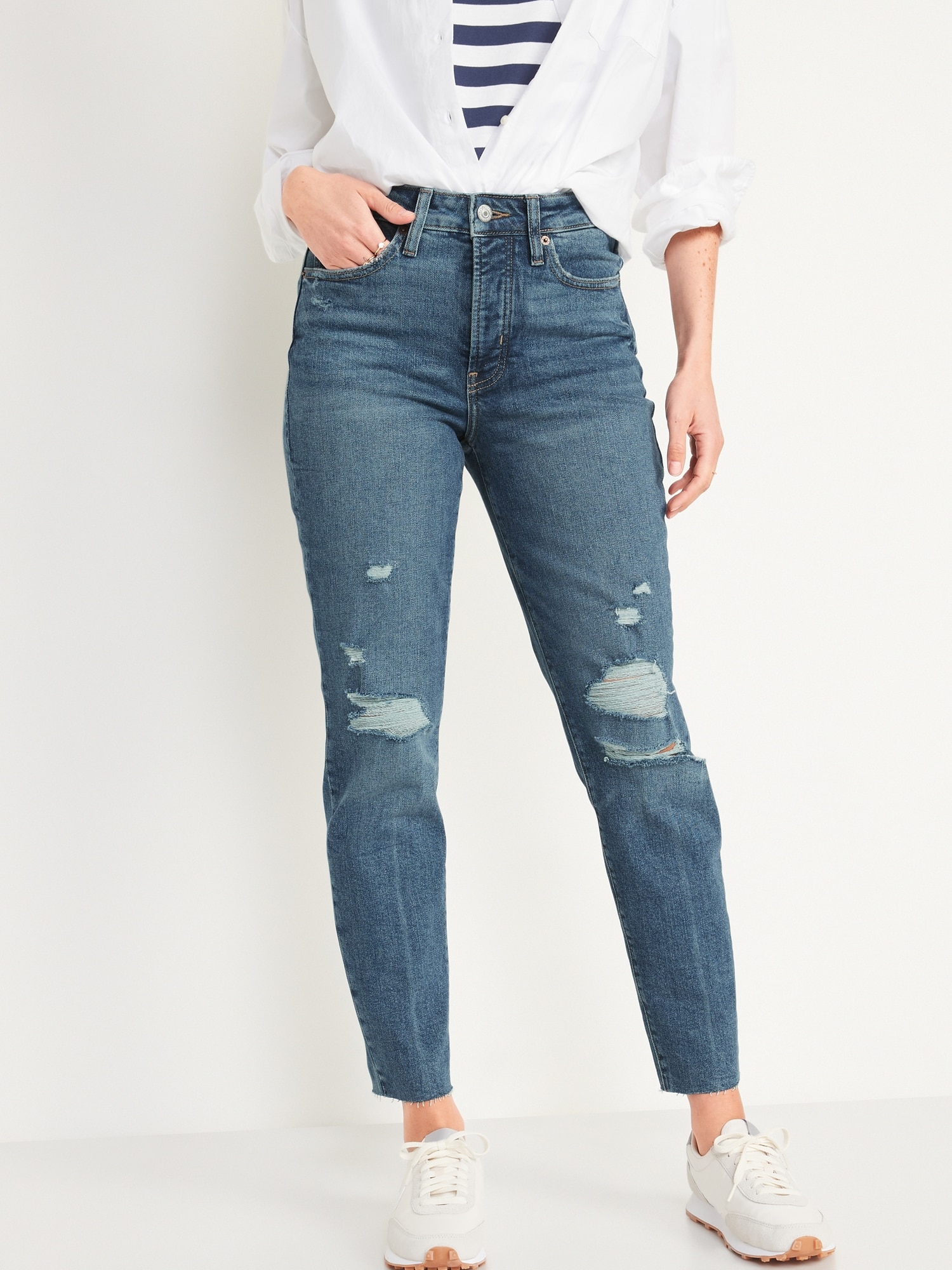 Old Navy High-Waisted Button-Fly OG Straight Ripped Ankle Jeans for Women blue. 1