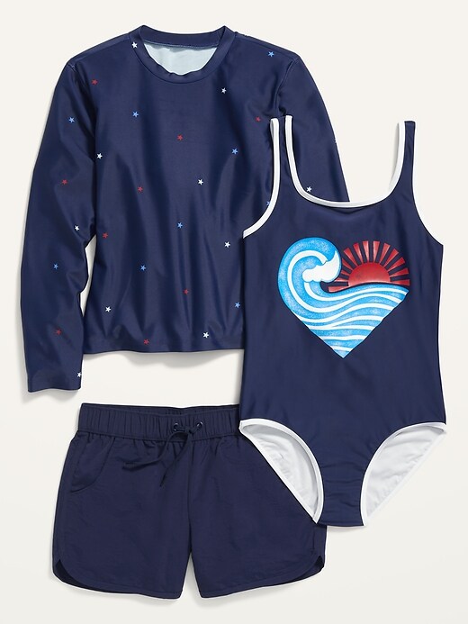 Old Navy Swimsuit, Rashguard & Board Shorts 3-Piece Set for Girls. 1