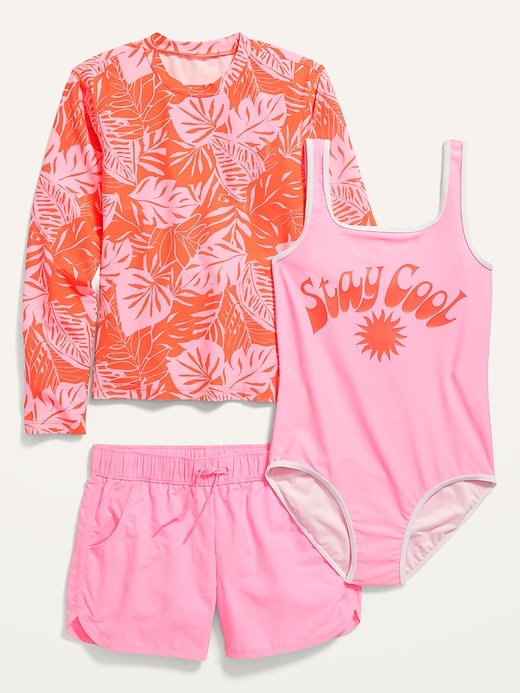 View large product image 1 of 1. Swimsuit, Rashguard & Board Shorts 3-Piece Set for Girls