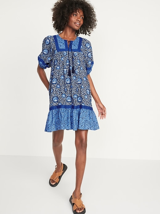 Image number 1 showing, Puff-Sleeve Printed Mini Swing Dress