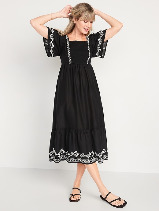 Fit & Flare Short-Sleeve Tie-Back Midi Dress | Old Navy