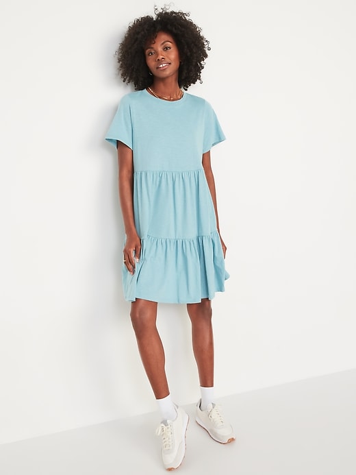 Image number 1 showing, Short-Sleeve Tiered Slub-Knit Mini Swing Dress