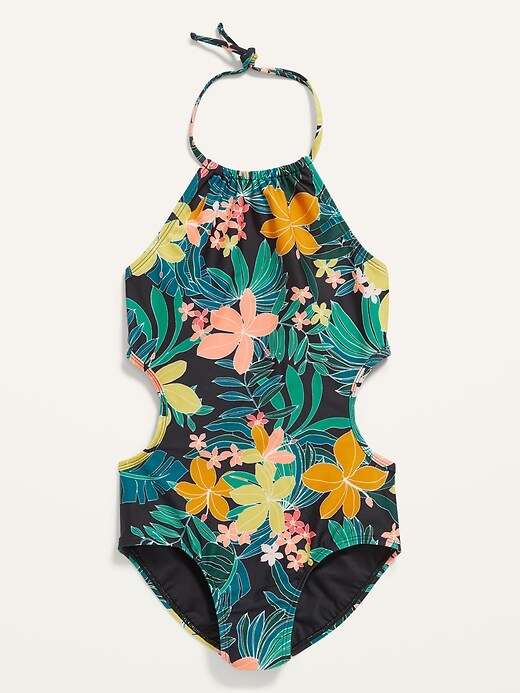 Old Navy Printed Halter Side-Cutout One-Piece Swimsuit for Girls. 1