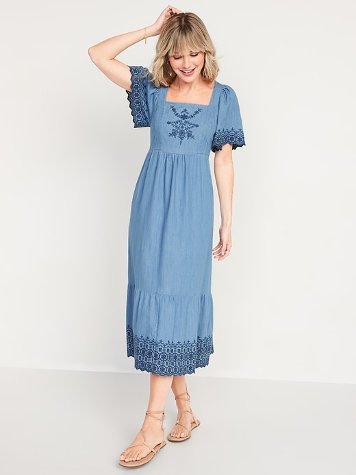 Old Navy Fit & Flare Flutter-Sleeve Tie-Back Chambray Midi Dress for Women. 1