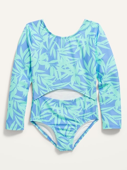 View large product image 1 of 1. Center-Front Cutout One-Piece Rashguard Swimsuit for Girls