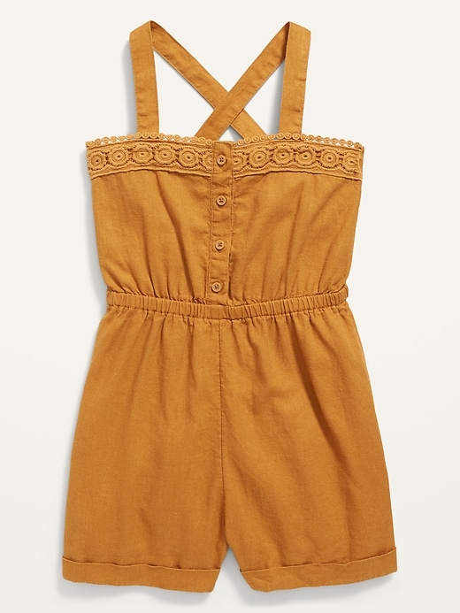 View large product image 1 of 1. Sleeveless Linen-Blend Button-Front Cross-Back Romper for Girls