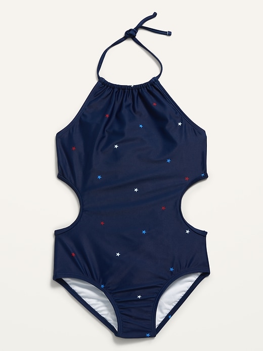 View large product image 1 of 3. Printed Halter Side-Cutout One-Piece Swimsuit for Girls