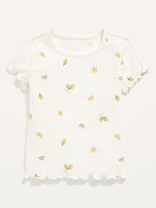 View large product image 1 of 2. Fitted Rib-Knit Printed Lettuce-Hem Top for Toddler Girls