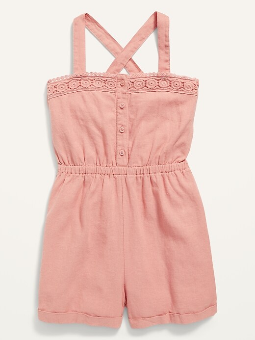 View large product image 1 of 1. Sleeveless Linen-Blend Button-Front Cross-Back Romper for Girls