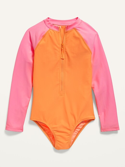 Old Navy Zip-Front Rashguard One-Piece Swimsuit for Girls. 1
