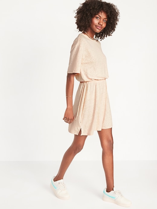 Image number 1 showing, Waist-Defined Short-Sleeve Linen-Blend Mini Dress for Women