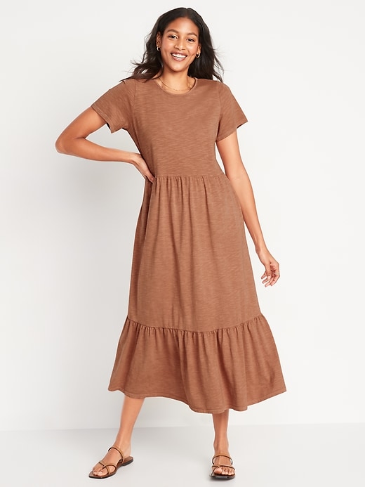 Oldnavy Short-Sleeve Slub-Knit Tiered Midi Swing Dress for Women