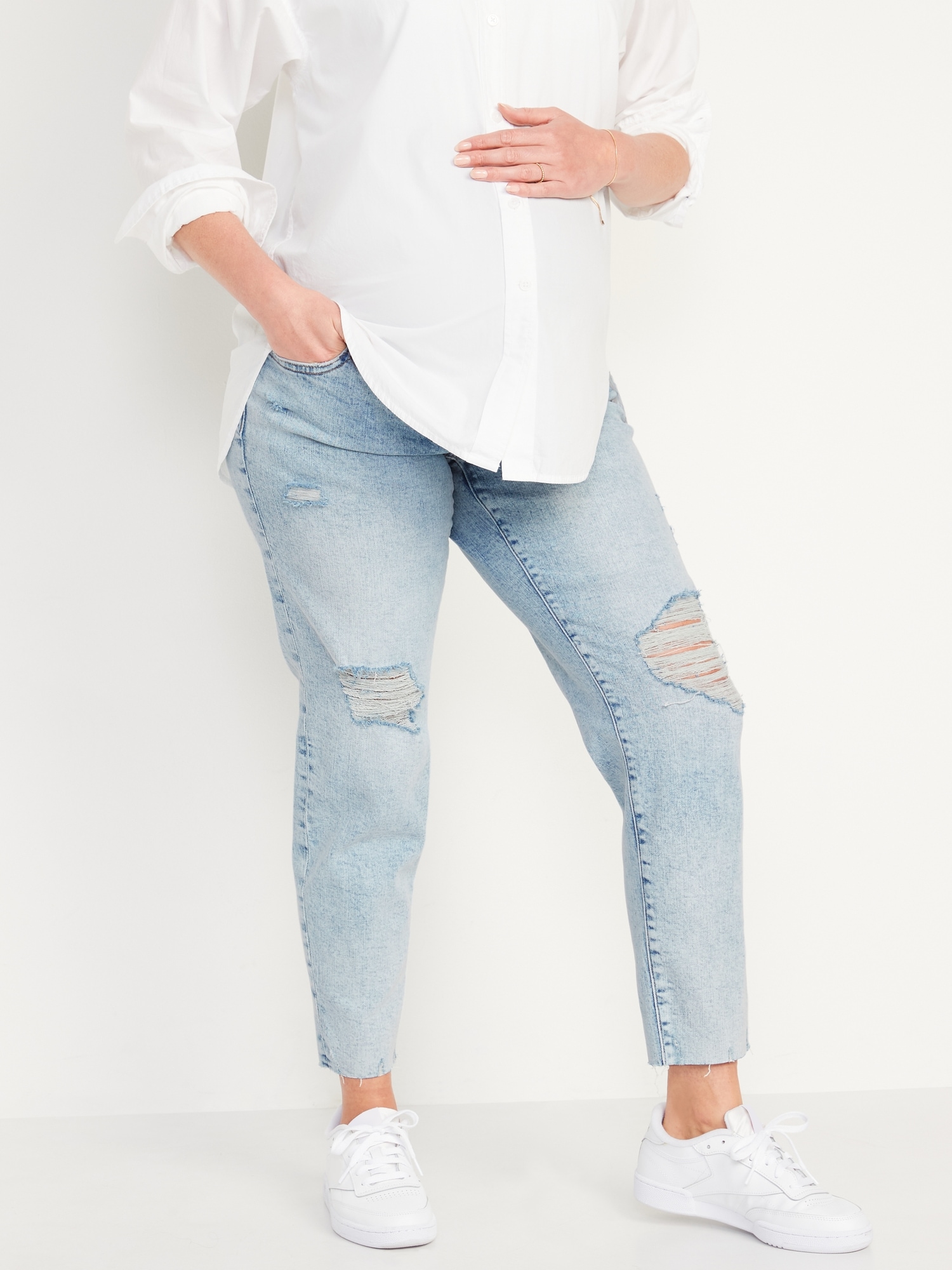 Maternity Full Panel O.G. Straight Ripped Cut-Off Jeans