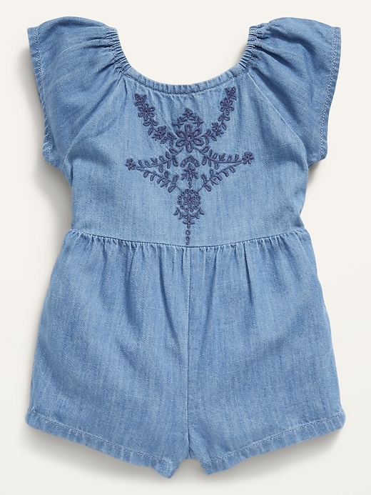 View large product image 1 of 3. Matching Chambray Embroidered Flutter-Sleeve Romper for Baby