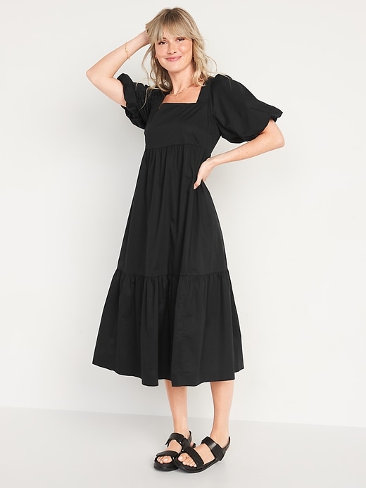 Fit & Flare Puff-Sleeve Cotton-Poplin Smocked All-Day Midi Dress | Old Navy