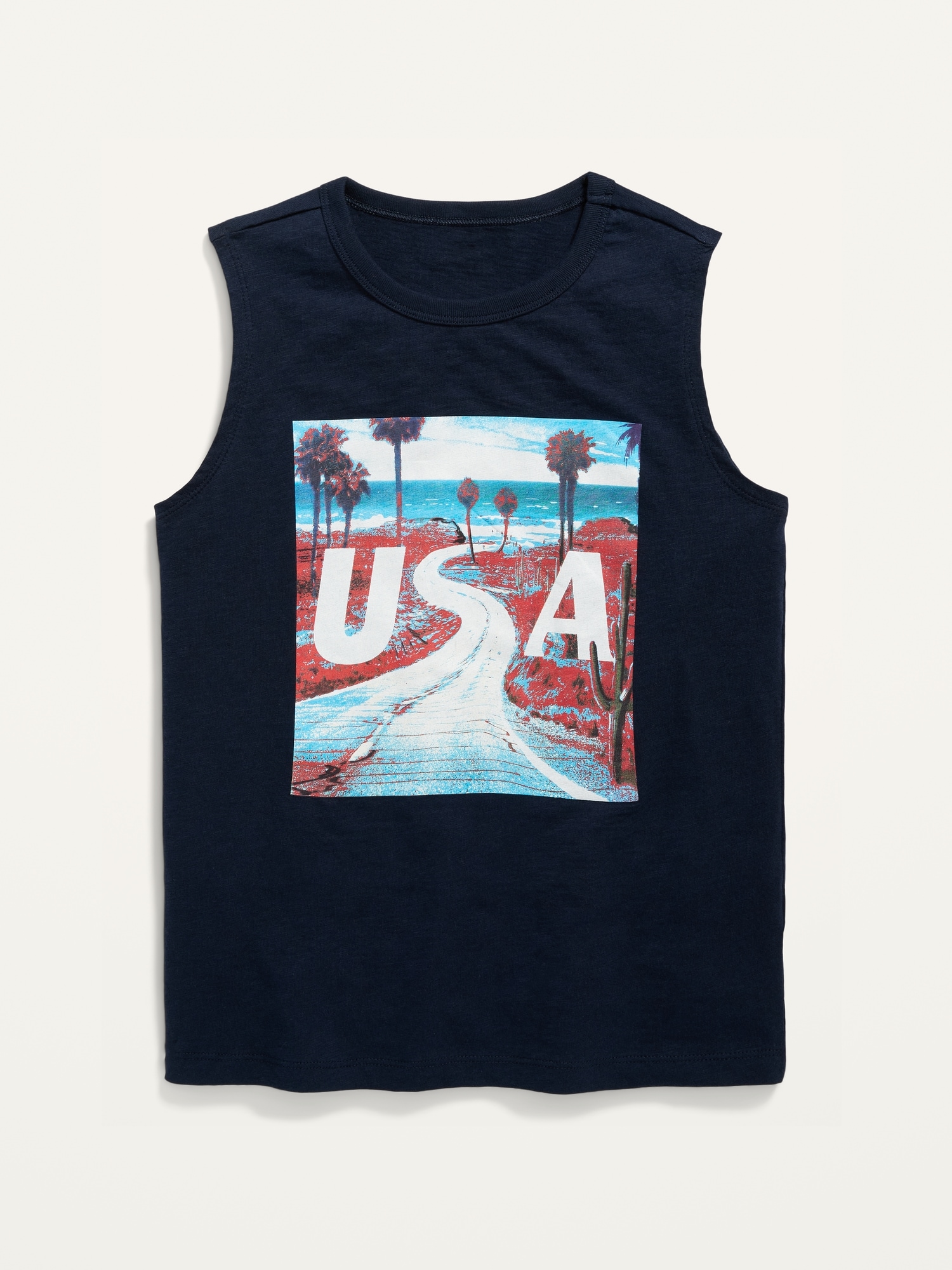 Old Navy Americana Graphic Sleeveless Muscle T-Shirt for Boys blue. 1