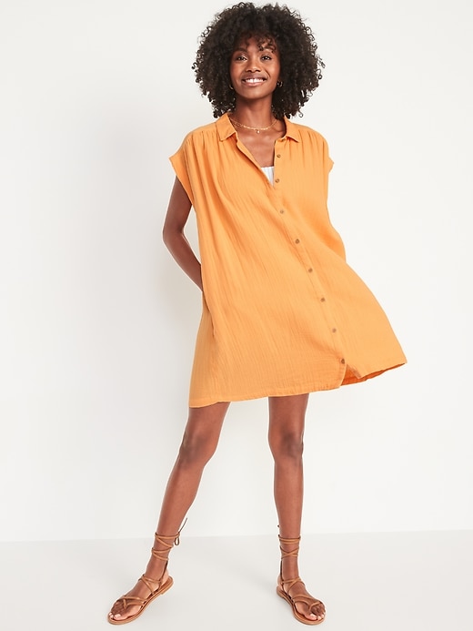 Short-Sleeve Double-Weave Mini Swing Shirt Dress | Old Navy