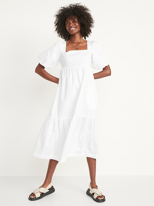 Image number 1 showing, Fit & Flare Puff-Sleeve Cotton-Poplin Smocked All-Day Midi Dress for Women