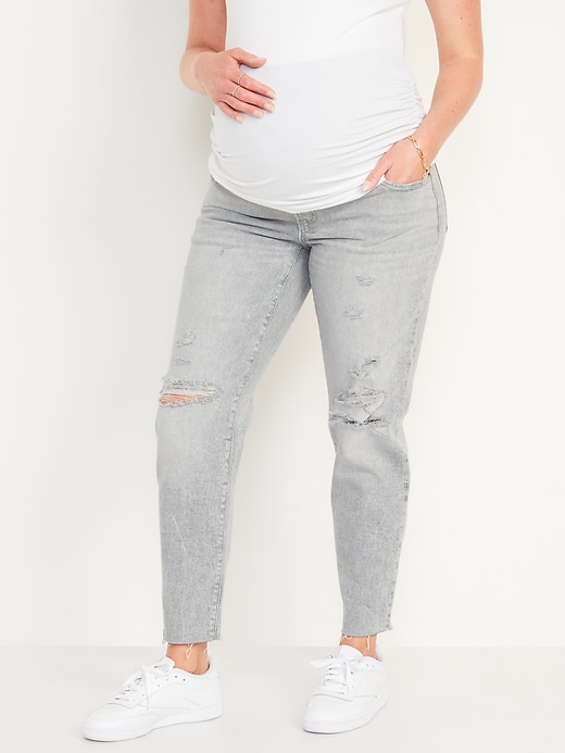 Image number 1 showing, Maternity Full Panel O.G. Straight Ripped Gray Jeans