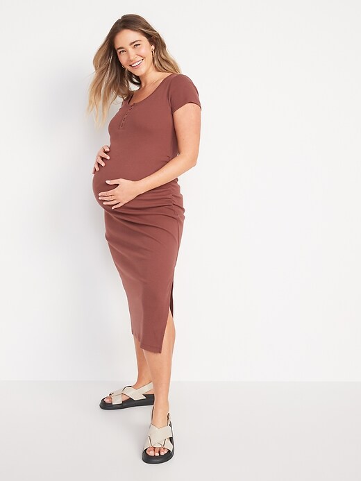 View large product image 1 of 1. Maternity Short-Sleeve Rib-Knit Henley Bodycon Dress