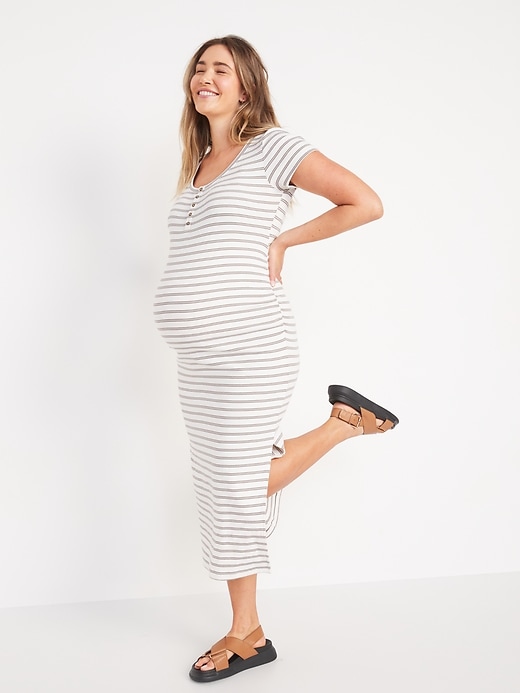 Maternity Short-Sleeve Rib-Knit Henley Bodycon Dress