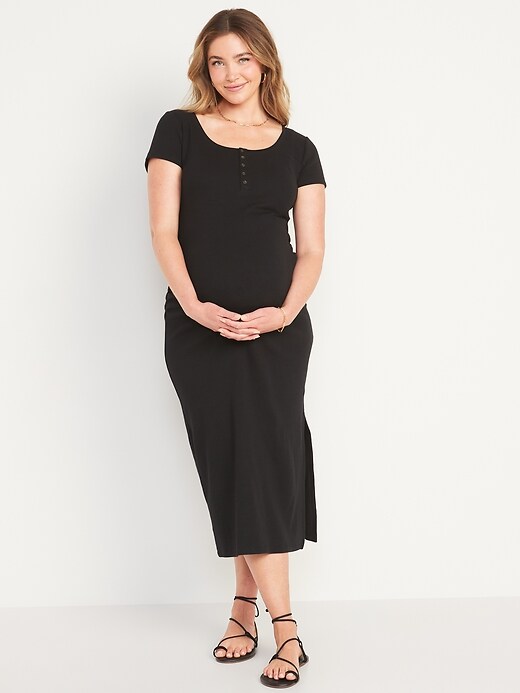 Image number 1 showing, Maternity Short-Sleeve Rib-Knit Henley Bodycon Dress