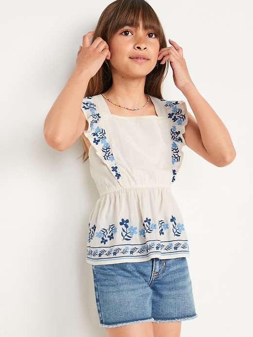 View large product image 1 of 4. Sleeveless Embroidered Ruffled Apron-Style Top for Girls