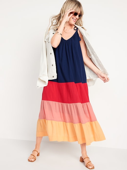 Image number 3 showing, Sleeveless Tasseled Color-Block All-Day Maxi Swing Dress for Women
