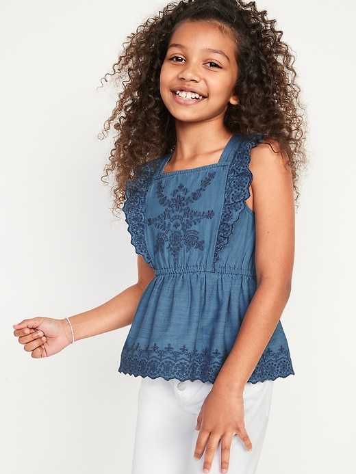 View large product image 1 of 3. Sleeveless Chambray Embroidered Ruffled Apron-Style Top for Girls