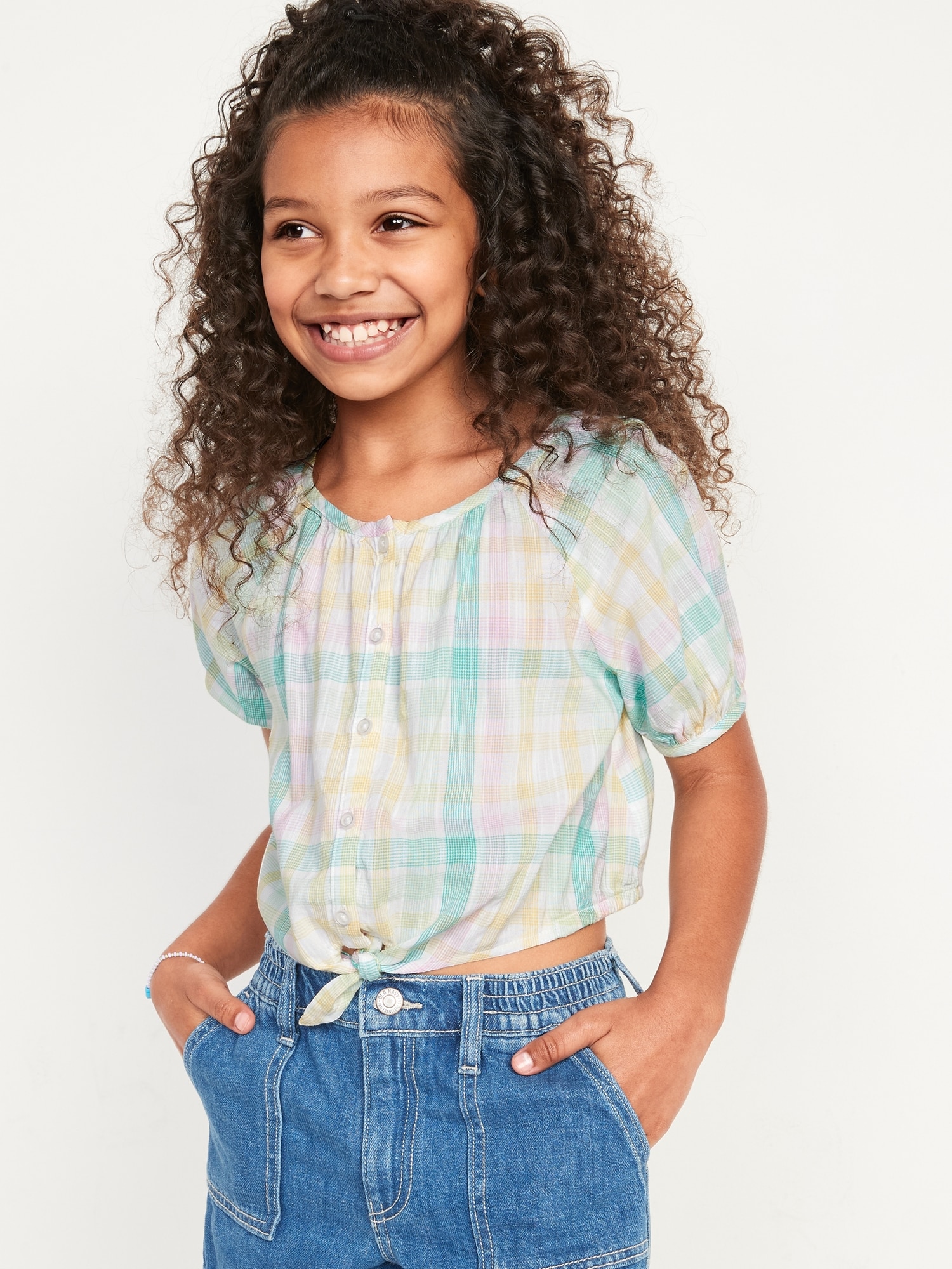 Short Puff-Sleeve Tie-Front Top for Girls | Old Navy