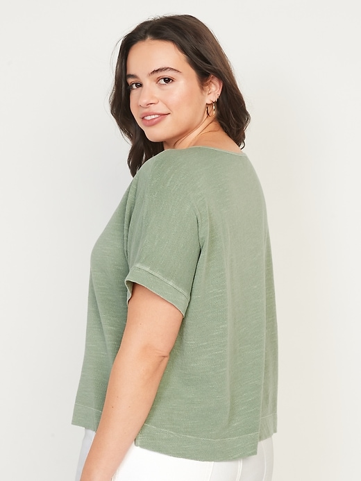 Image number 6 showing, Short-Sleeve Cropped Crinkled Slub-Knit Henley T-Shirt for Women