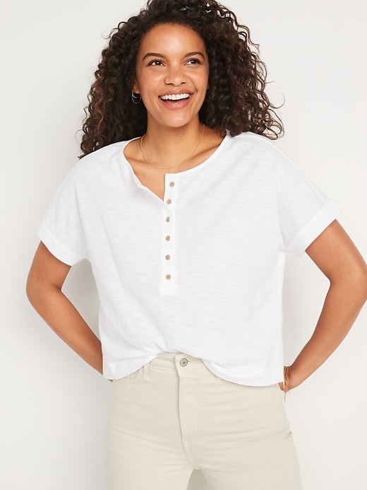 Image number 1 showing, Short-Sleeve Crinkled Slub-Knit Henley Easy T-Shirt for Women