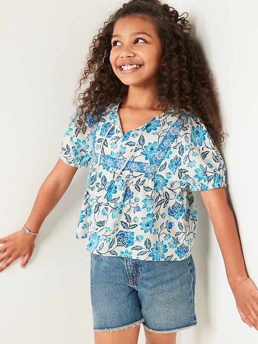 View large product image 1 of 3. Puff-Sleeve Poplin Floral-Print Swing Top for Girls