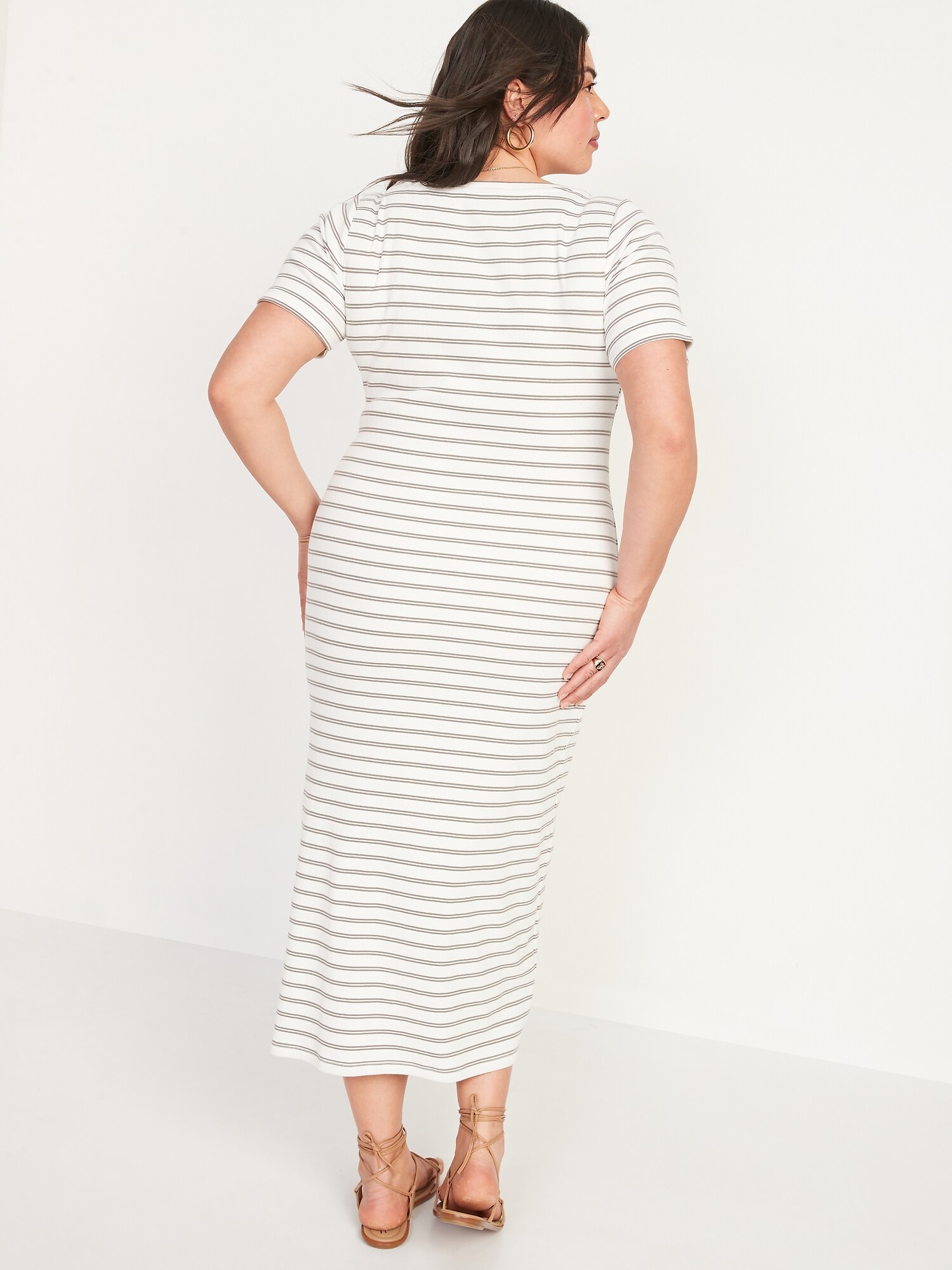 Fitted Short-Sleeve Striped Rib-Knit Midi Dress for Women | Old Navy