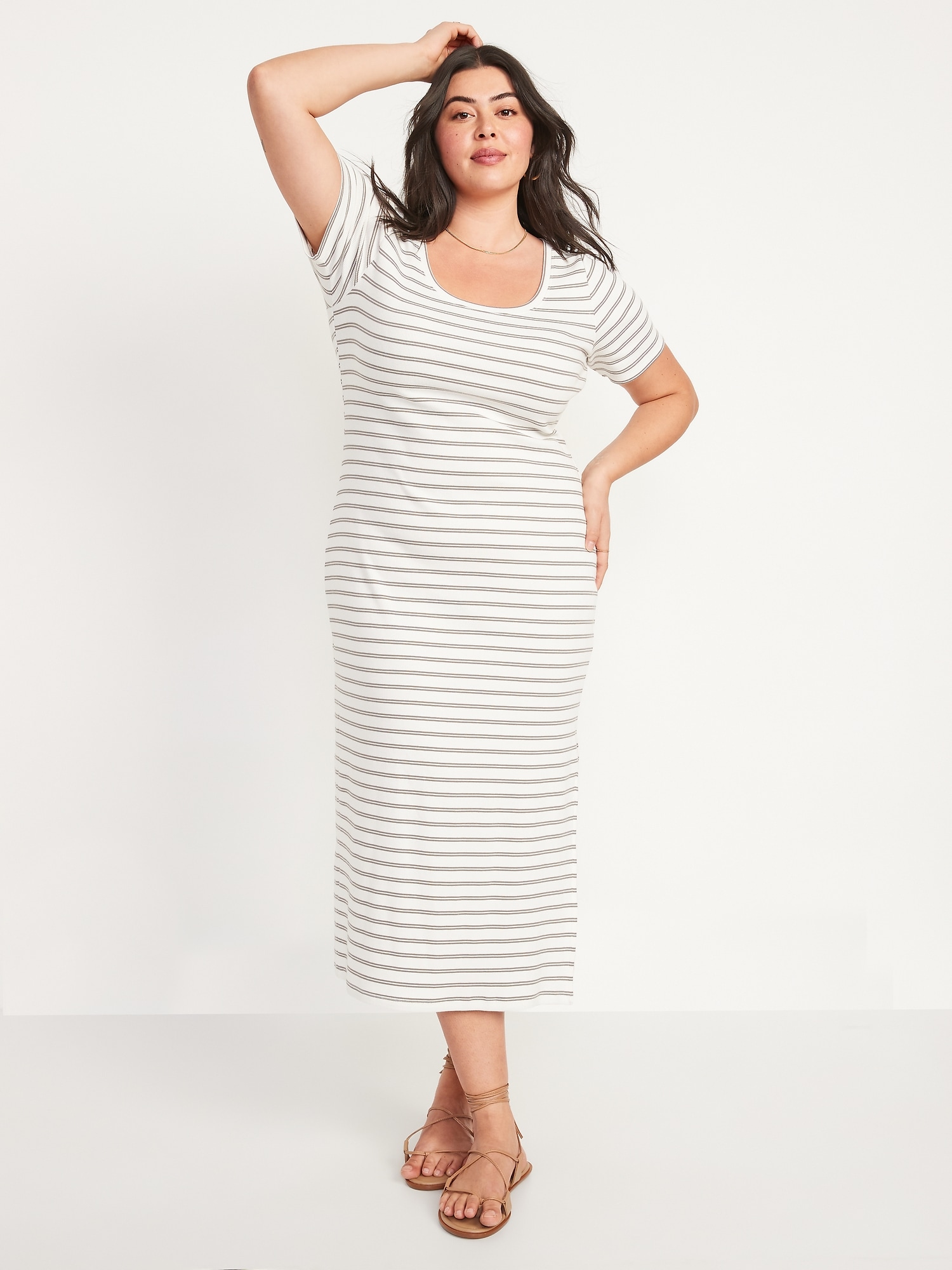 Fitted ShortSleeve Striped RibKnit Midi Dress for Women Old Navy