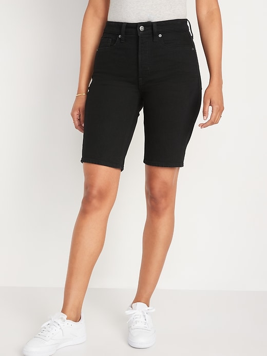 Image number 1 showing, High-Waisted O.G. Straight Black-Wash Jean Shorts for Women -- 9-inch inseam