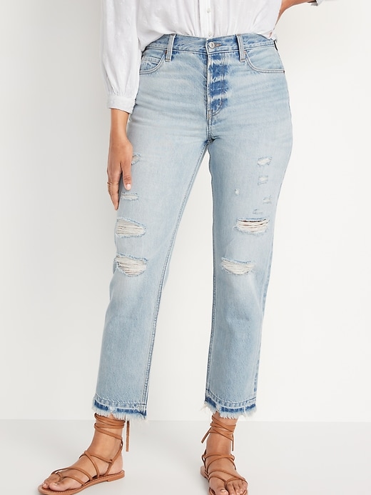 Image number 1 showing, High-Waisted Slouchy Straight Distressed Cut-Off Non-Stretch Jeans for Women