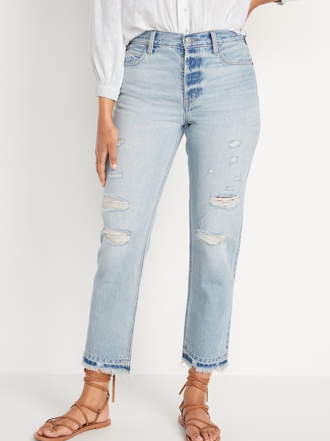 High-Waisted Slouchy Straight Distressed Cut-Off Non-Stretch Jeans