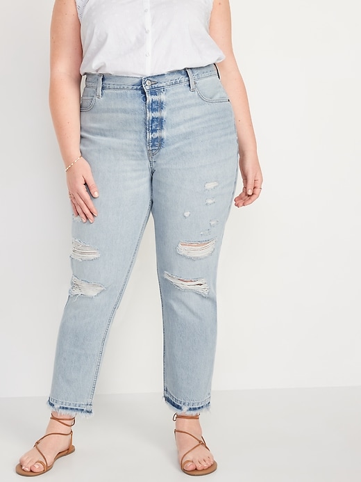 Image number 7 showing, High-Waisted Slouchy Straight Distressed Cut-Off Non-Stretch Jeans for Women