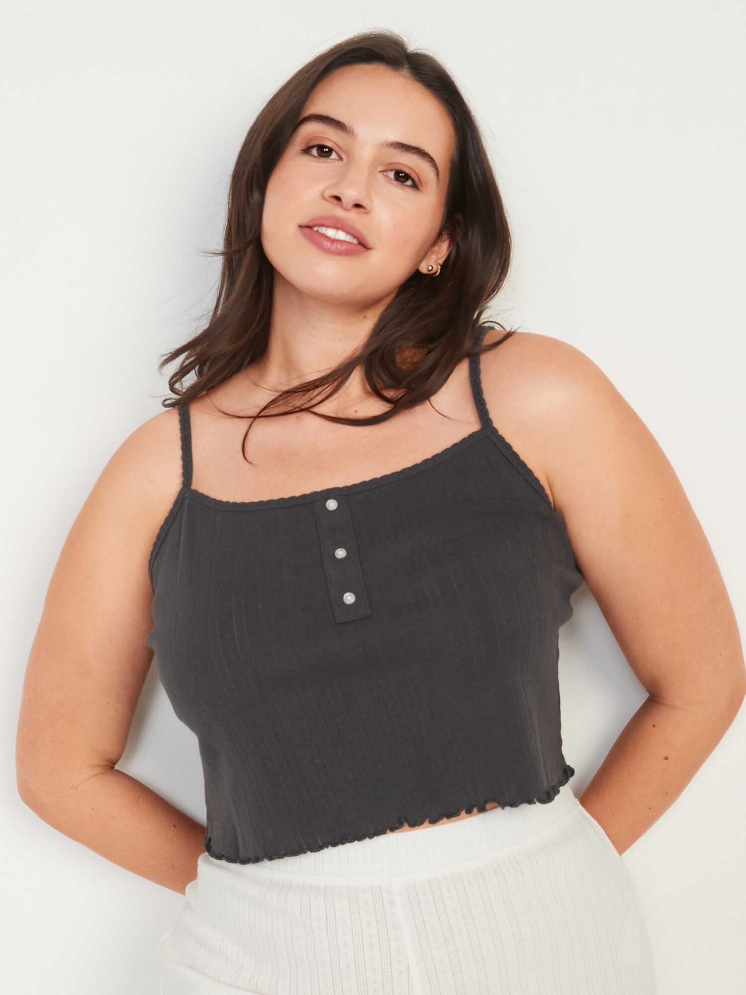 Cropped PointelleKnit Henley Cami Top for Women Old Navy