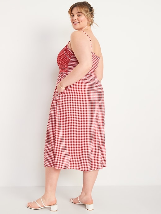 strapless open back dress Deep Red Gingham Tent Dress with Scalloped Yoke